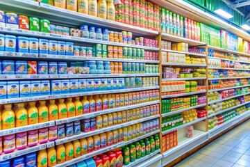 Colorful packaging of a popular children's milk brand occupies a prominent spot on a well-stocked supermarket shelf in Jombang, Indonesia, awaiting young customers.