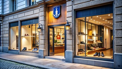 Modern sporty footwear store exterior with nautical-themed logo and signage, showcasing high-quality shoes and accessories in a trendy urban setting in Milan, Italy.