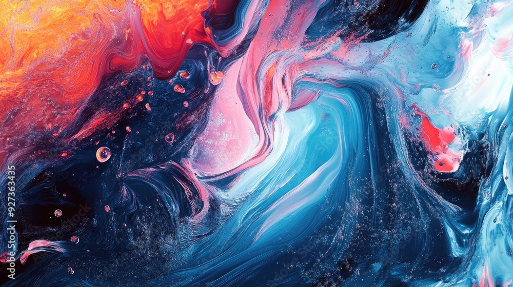 Poster bold and dynamic fluid art with contrasting colors, creating intricate swirls and waves.