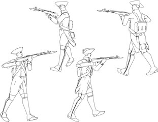 Vector sketch illustration design of soldiers in royal era uniforms fighting with rifles