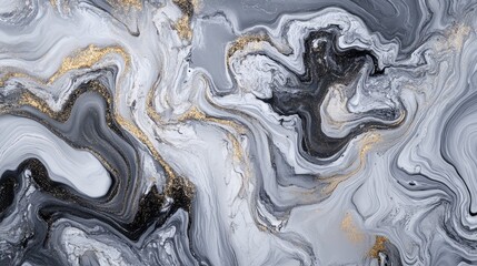 Fluid art with shimmering metallics and cool grays, creating an industrial, abstract pattern.