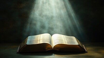 Open Bible illuminated by natural light from above, with clear space for text or message.