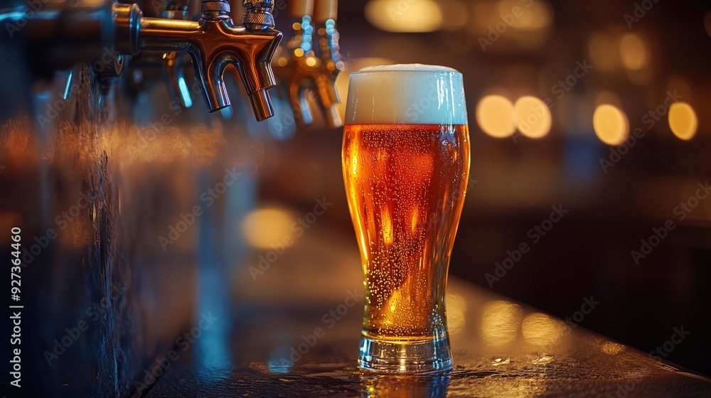 Wall mural Close-up of beer pouring from a tap in a bar