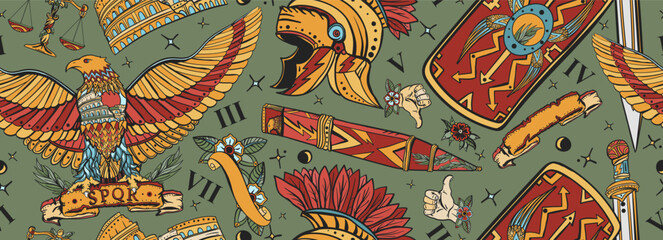 Ancient Rome pattern. Roman eagle, spartan helmet, sword and shield. History of Italy seamless background