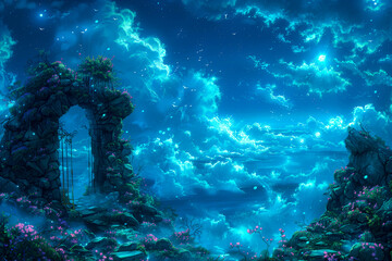 A serene celestial gate opens to a heavenly landscape filled with hope tranquility and divine light