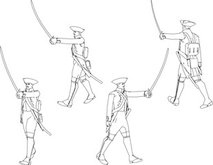 Vector sketch illustration design of soldier in royal era uniform walking with sword weapon