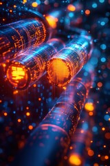 Futuristic Digital Data Stream with Glowing Orange and Blue Lights in a High-Tech Environment