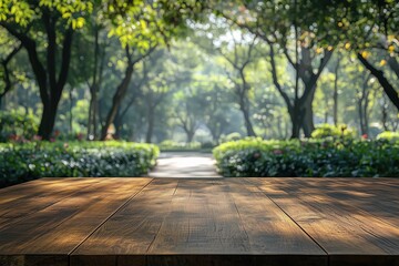 Obraz premium Empty wooden table top with a blurred nature background for product display and picnic concept