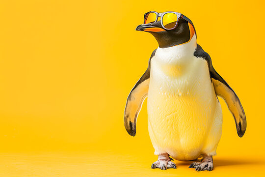 Cool penguin wearing sunglasses on yellow background