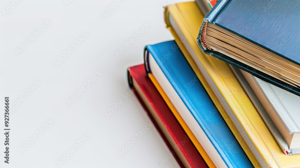 Poster stack of colorful books is forming a staircase on a white background with copy space
