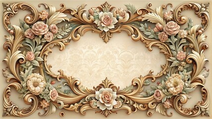 Intricately detailed Victorian-era scrollwork frames an empty center, adorned with floral patterns, acanthus leaves, and classical motifs, evoking luxury and sophistication in a timeless design.