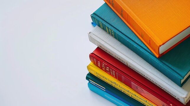 Vibrant books in a staircase pattern symbolize learning journey. Colorful covers and varied titles add excitement. Ideal for educational themes - Powered by Adobe