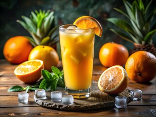 Fototapeta premium Freshly squeezed orange juice served over ice in a tall glass, garnished with a slice of orange, perfect for hot tropical days.