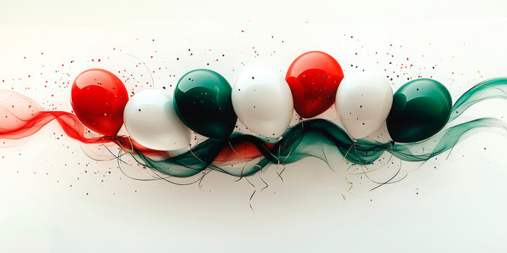 Festive balloons in Mexico's national colors, red, white, and green, floating with confetti. Represents Mexican Independence Day and other national celebrations. Ideal for festive promotions, national