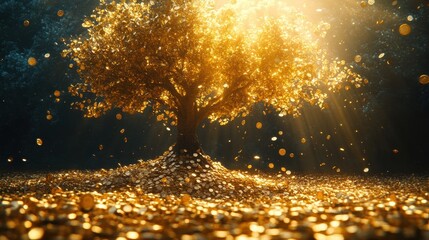 Naklejka premium Golden Tree of Wealth with Falling Coins in Enchanted Forest Illuminated by Sunlight
