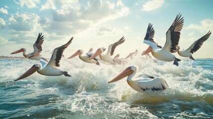 A flock of pelicans diving into the ocean to catch fish, their synchronized movements creating splashes in the water.