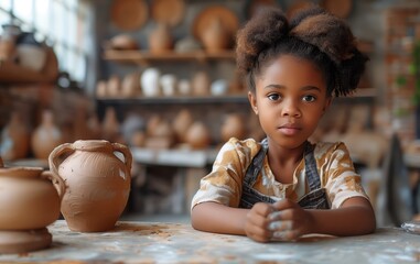 Young Girl in Cozy Pottery Studio Learning and Creating Art with Clay Sculptures