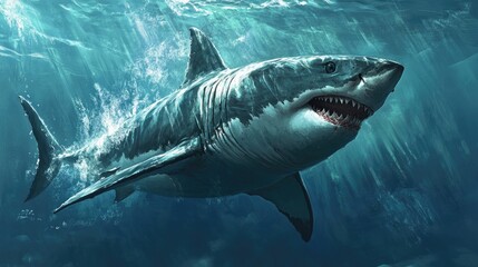 Naklejka premium A great white shark cruising through the ocean depths, its powerful body cutting through the water with precision.