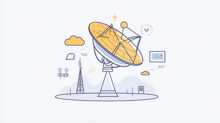 Fototapeta premium Illustration of a satellite dish, a data transfer concept in line art flat vector icon form, with a white background and a yellow outline on the right side