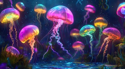 Naklejka premium A group of cartoon jellyfish dancing in the water, with each one glowing in a different color, set in a whimsical underwater world.