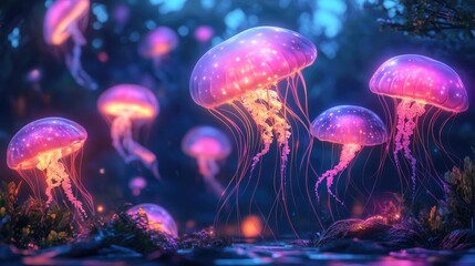 A group of cartoon jellyfish with glowing tentacles, floating gracefully in a whimsical underwater scene.