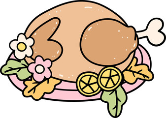 Groovy Thanksgiving Roasted Chicken Trendy Retro Coquette Cartoon Character