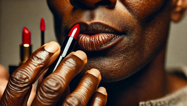 Close-up of a man applying red lipstick, highlighting diversity, self-expression, and beauty in gender inclusivity