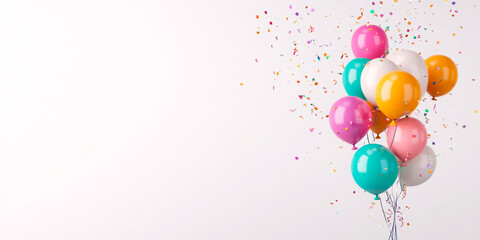 A vibrant array of colorful balloons floating against a pastel watercolor background, creating a festive and joyful atmosphere. Perfect for celebrations, party invitations, and event promotions.