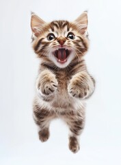 Obraz premium A cute, smiling cat is jumping, in the front view, with a detailed fur texture, isolated on a white background