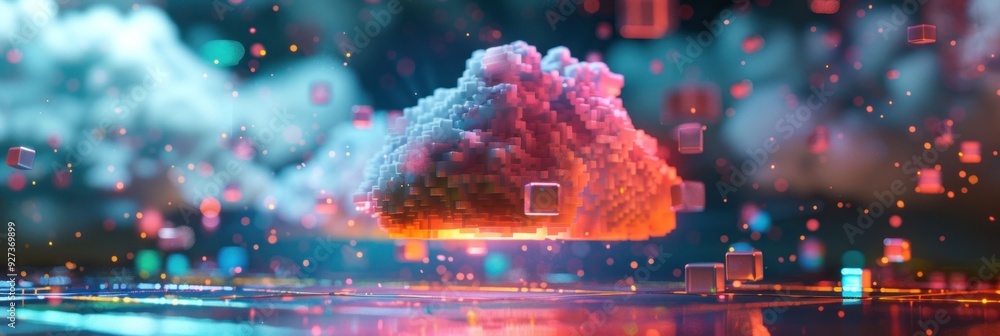 Poster futuristic digital cloud representing data storage surrounded by vibrant colorful squares and glowin