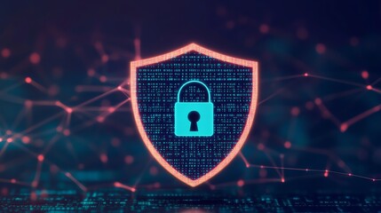 Digital security symbol with a shield and lock, representing data protection and cybersecurity in a tech environment.