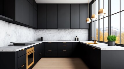 Modern kitchen design featuring sleek black cabinets, white marble countertops, and large windows for natural light.