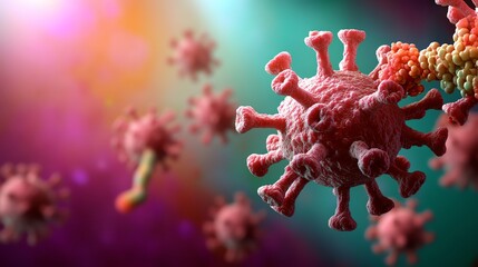 Fototapeta premium A detailed microscopic view of virus structures, showcasing intricate design and vibrant colors in a scientific background.