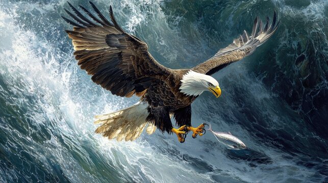 A majestic sea eagle swooping down to catch a fish from the ocean's surface, its sharp talons extended.