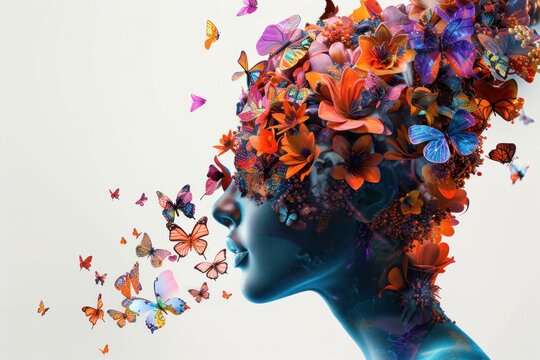 Artistic representation of a woman s profile adorned with colorful flowers and butterflies on a light background