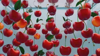 Falling fresh raw red Cherry with slice, green leaves and water drops in the air isolated on background, popular season dessert fruit.