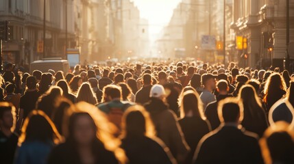 Silhouetted Crowd Walking Through a Sunlit City Street