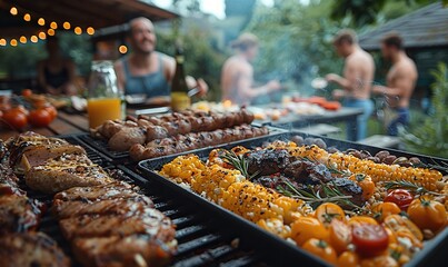 A 4th of July barbecue scene with a group of friends or family enjoying food and company, celebrating together.