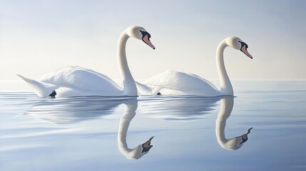 Obraz premium A pair of graceful swans gliding across a calm ocean inlet, their reflections mirrored in the still water.