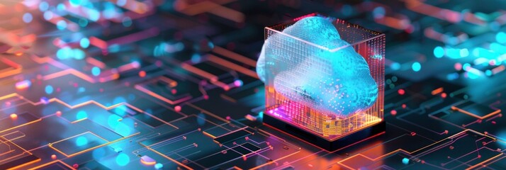 Abstract cloud computing concept with glowing elements in a digital environment