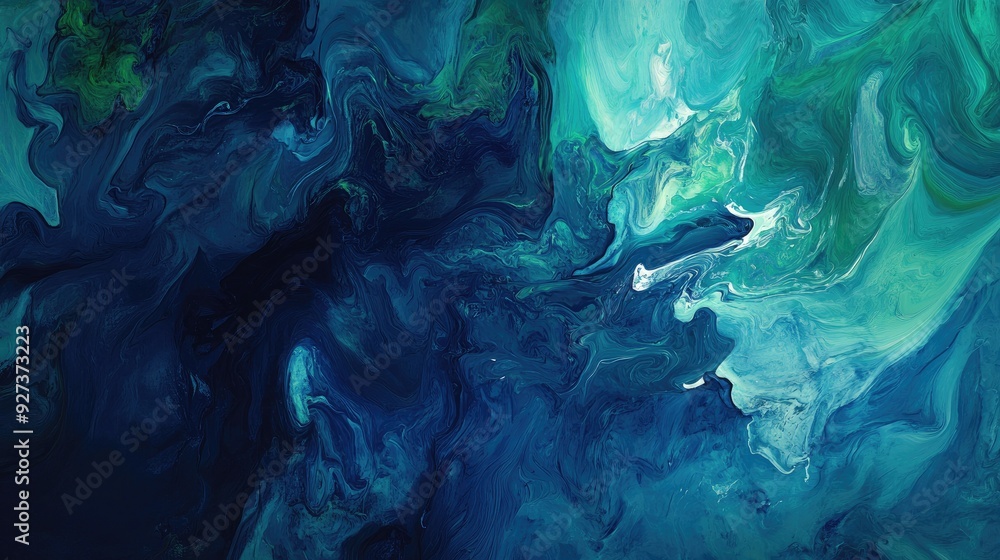 Poster flowing fluid art with deep blues and greens and a large space for copy