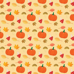 Autumn pattern design with pumpkin, mushrooms and leaves on orange background.