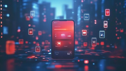 Smartphone with Red and Blue Lights in a Futuristic Cityscape