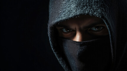 Naklejka premium man in a black hood with his face covered by the fabric of a dark cloak, isolated on a dark background Close up portrait of a mysterious male model dressed as 