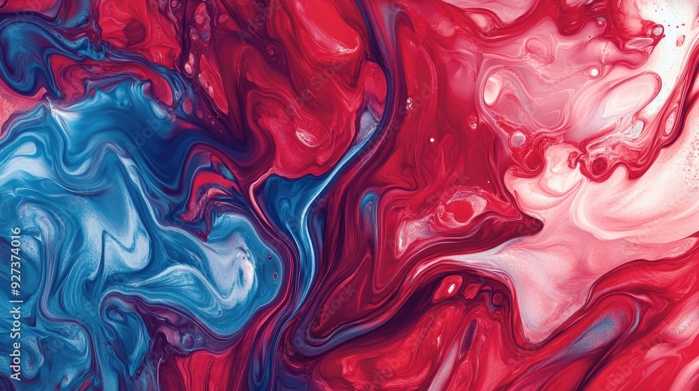 Poster smooth fluid art pattern in deep reds and blues with ample space for copy