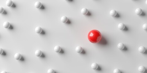 Large red sphere in group of white spheres on white background, leader, team or success business concept, flat lay top view from above