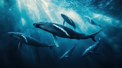 Obraz premium A pod of humpback whales gracefully swimming through the deep blue sea, showcasing their immense size and power.