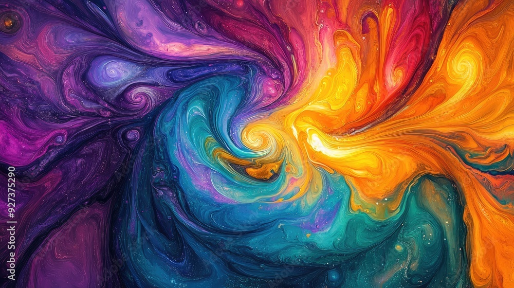 Poster vibrant fluid art with swirling patterns and a large area for copy