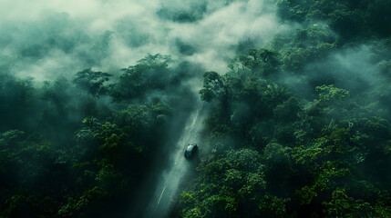 Fototapeta premium An aerial shot of a car driving through a dense, misty forest, with the road barely visible beneath the canopy.