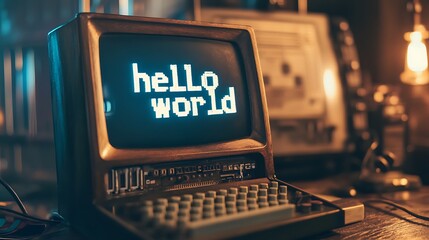 old computer on desk "hello world" on screen